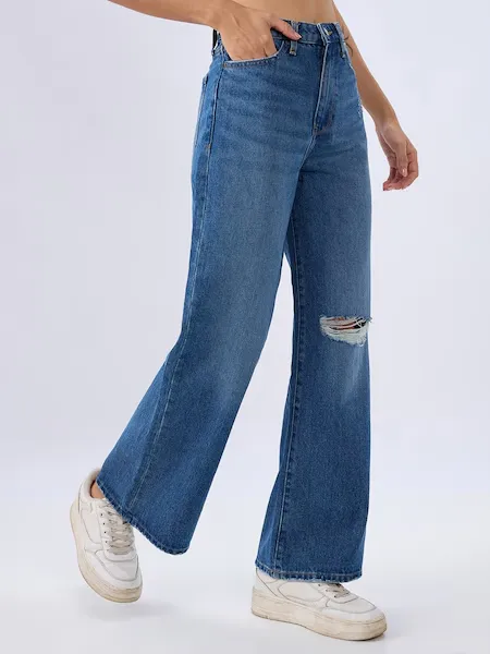 Medium Blue Distress High Rise Wide Leg Jeans